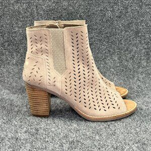 Toms Majorca Peep Toe Booties Womens 7.5 Taupe Suede Perforated Leaf Ankle Boots